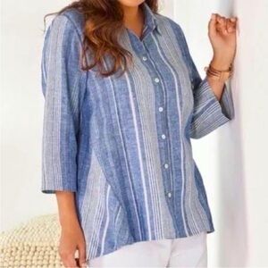 Soft Surroundings Livienne Blue Stripe Cotton Linen Button Down Shirt M